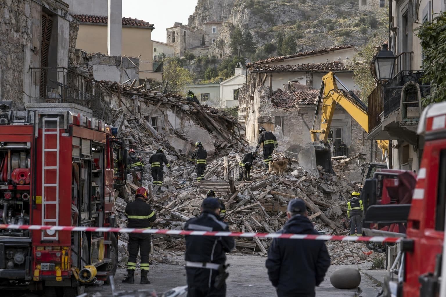 Firefighters and a digger work on the rubble of a collapsed building in a historic Athens neighborhood