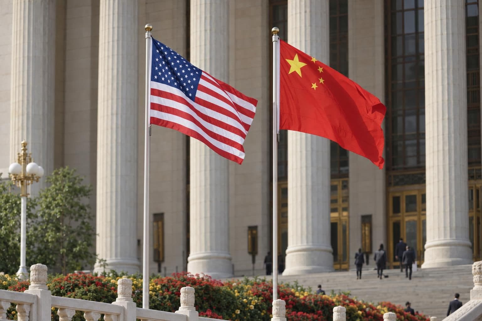United States and Chinese flags flying side by side outside a formal government building