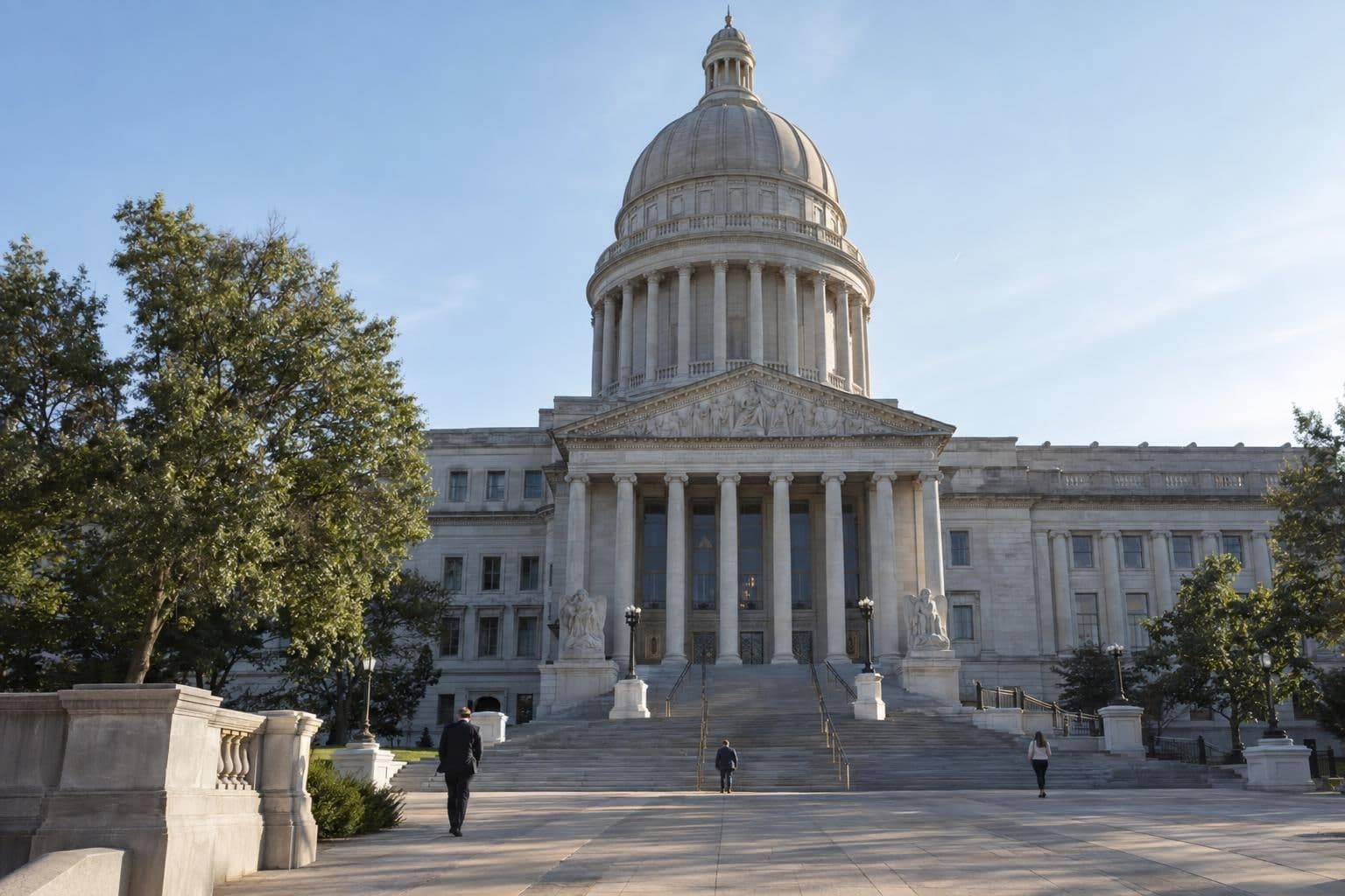 Domed state capitol building with stone steps and columns under a clear sky