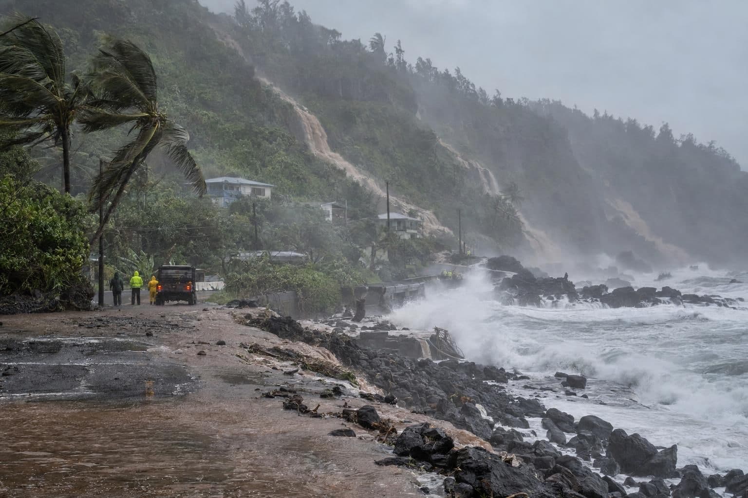 Heavy rain and floodwater on a coastal Hawaii road below steep green hillsides as large waves crash ashore