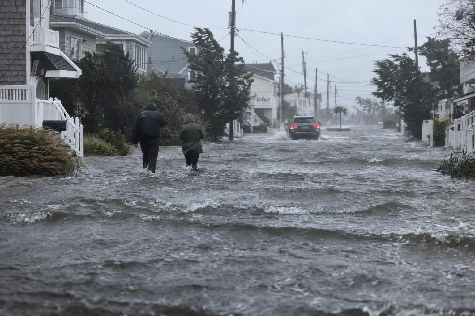 Floodwater with small waves covering a street of beach houses in a shore town under stormy grey skies