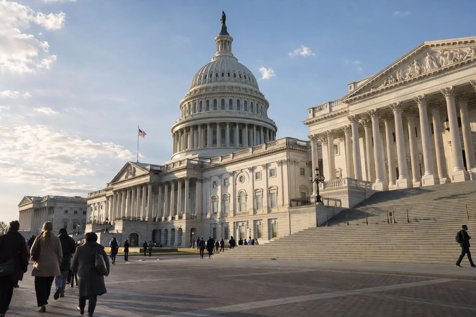 Exterior of the U.S. Capitol in Washington, showing its white dome, columned facade and the Senate wing