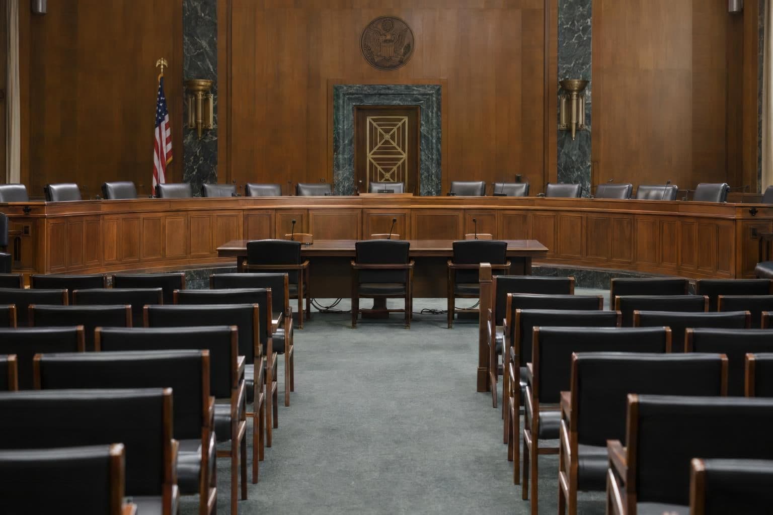 An empty Senate committee hearing room with a raised dais, microphones and a witness table facing it