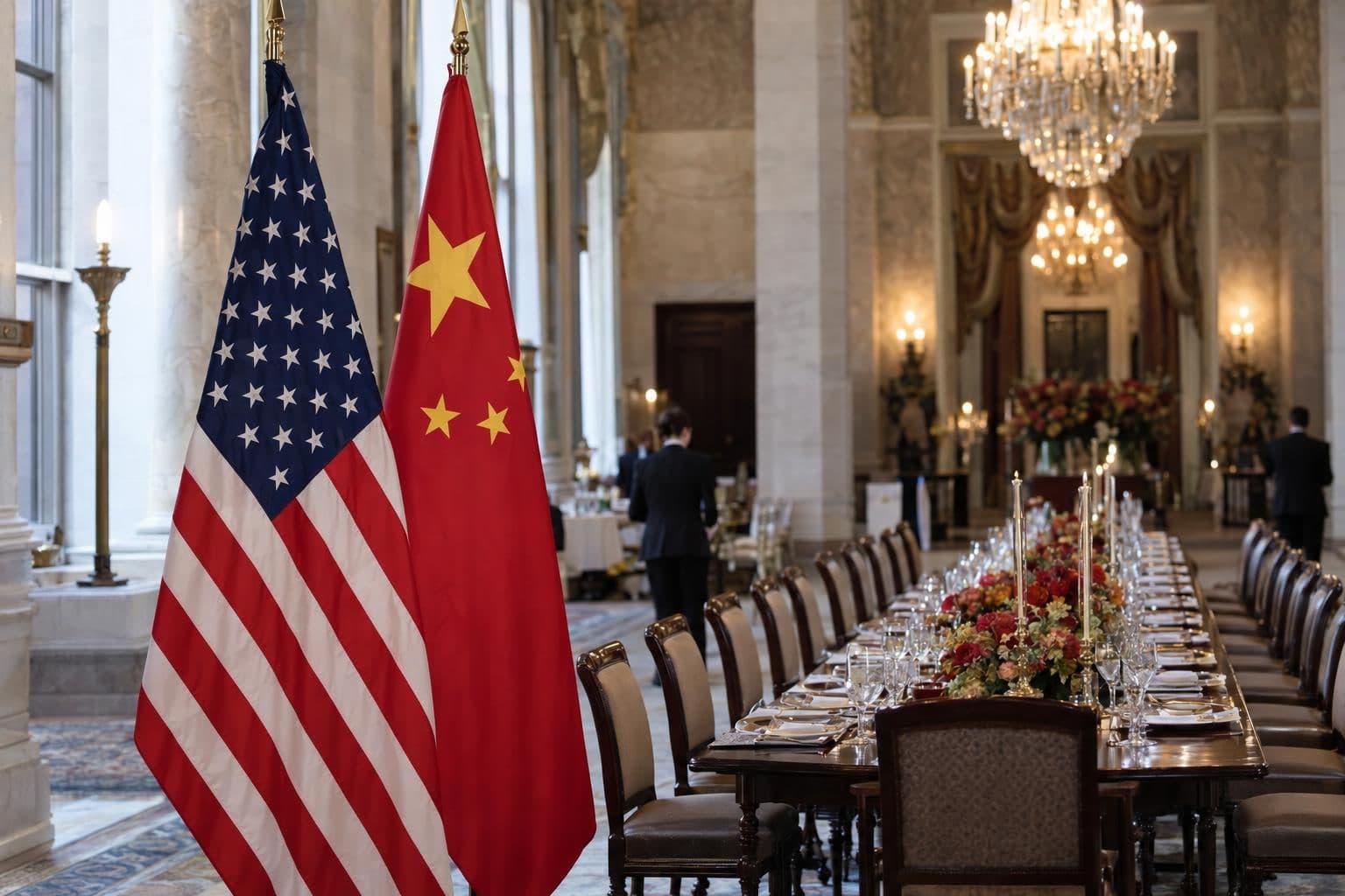 U.S. and Chinese flags stand side by side in a formal hall beside a banquet table set for a state dinner