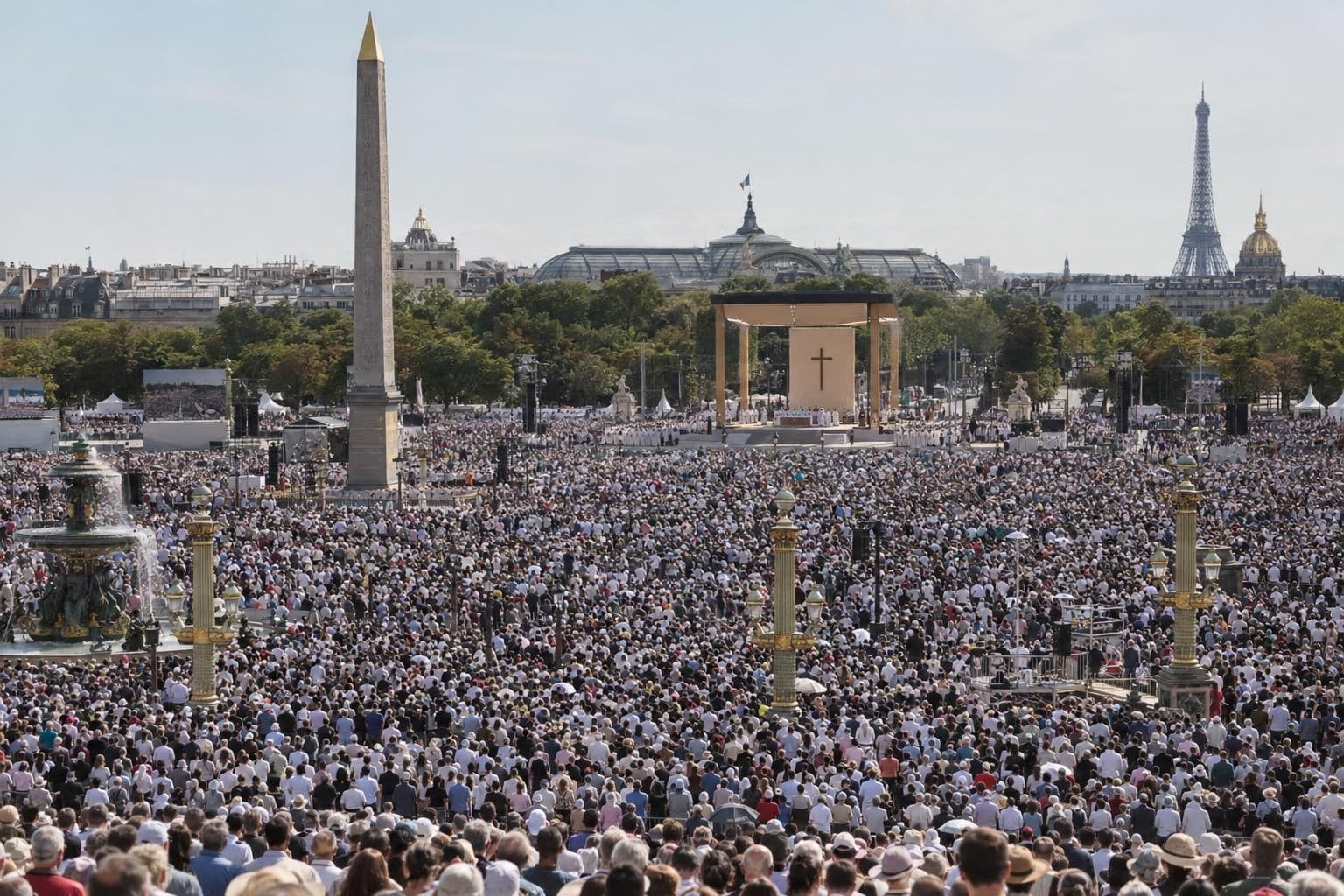 Huge crowd at an open-air Catholic Mass in Place de la Concorde, Paris, facing a distant altar stage