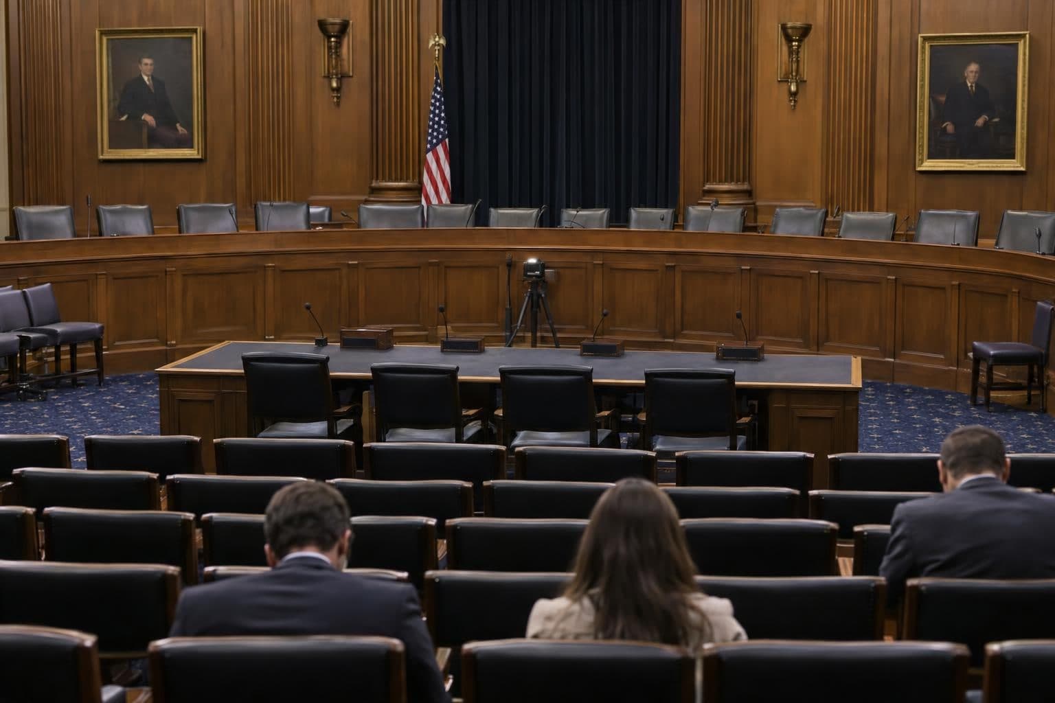 Empty congressional committee hearing room with a raised dais, microphones and a witness table