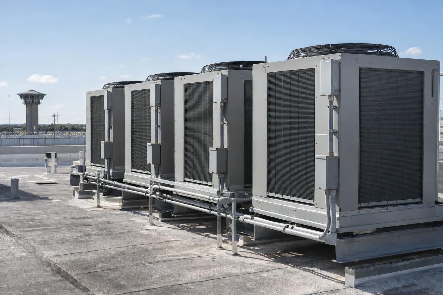 Row of large commercial air-conditioning units on the flat roof of a low building