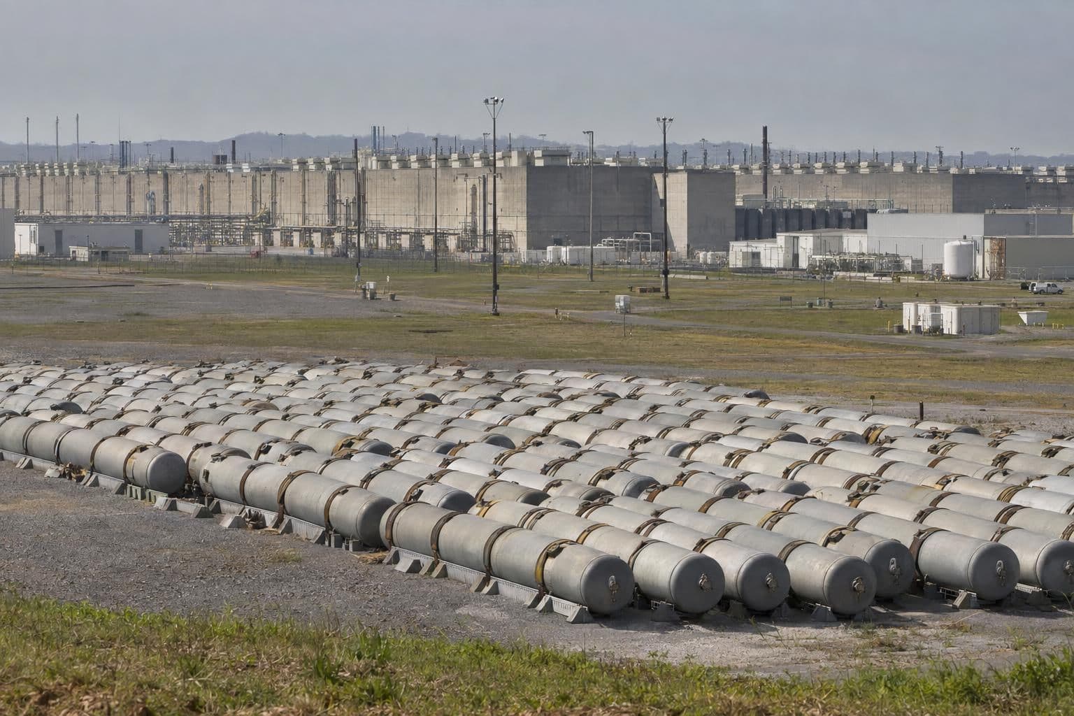 Rows of uranium hexafluoride cylinders beside industrial buildings at a former enrichment plant in Kentucky