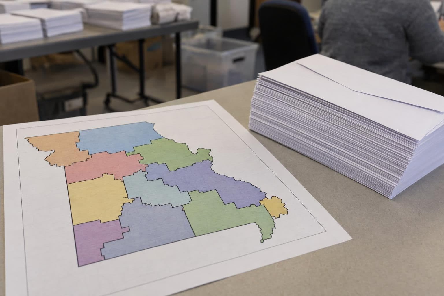 Map of Missouri divided into congressional districts beside a stack of blank mail-in ballot envelopes