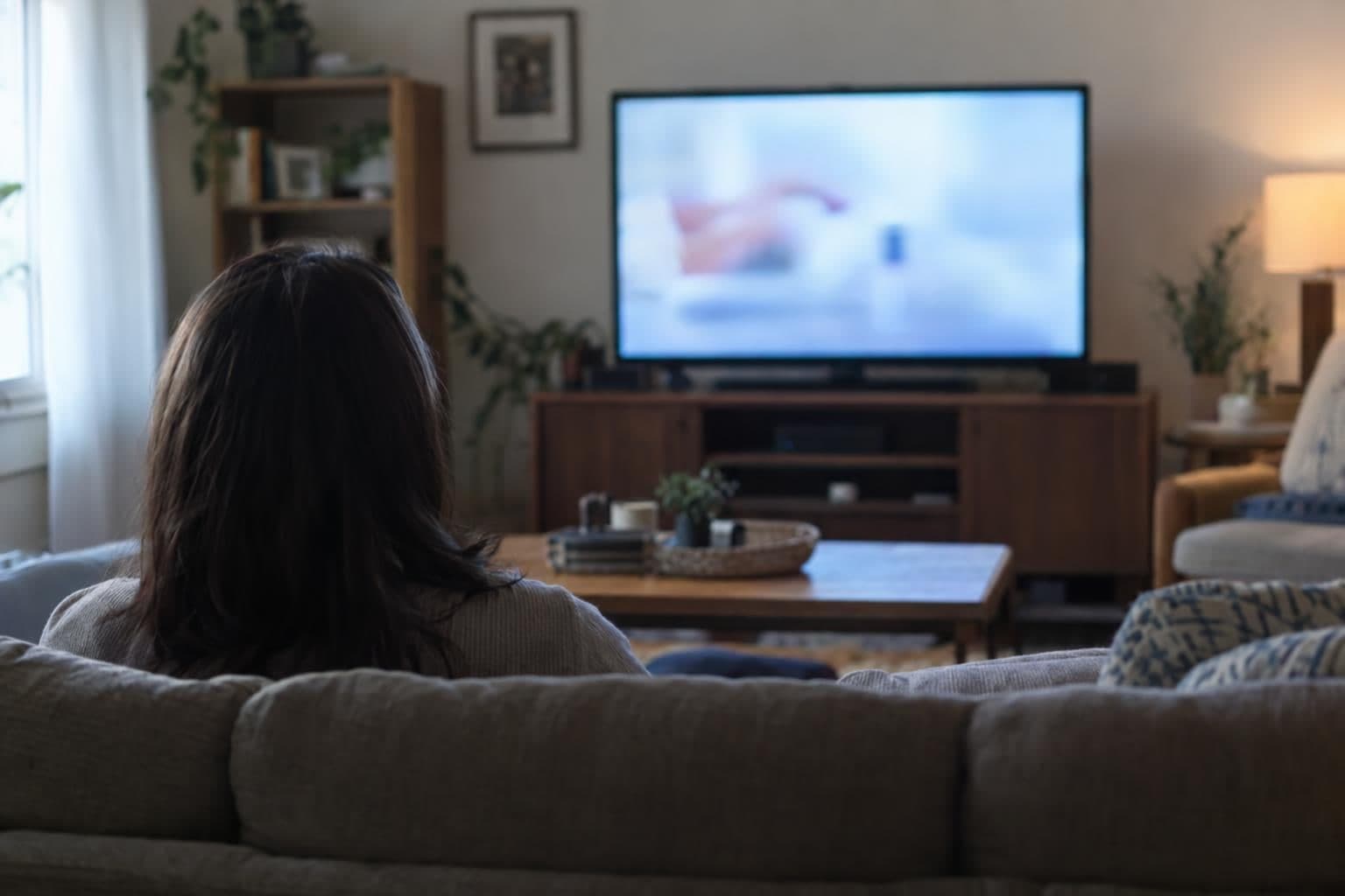 A television in a living room showing a blurred image, with a viewer seen from behind on a sofa