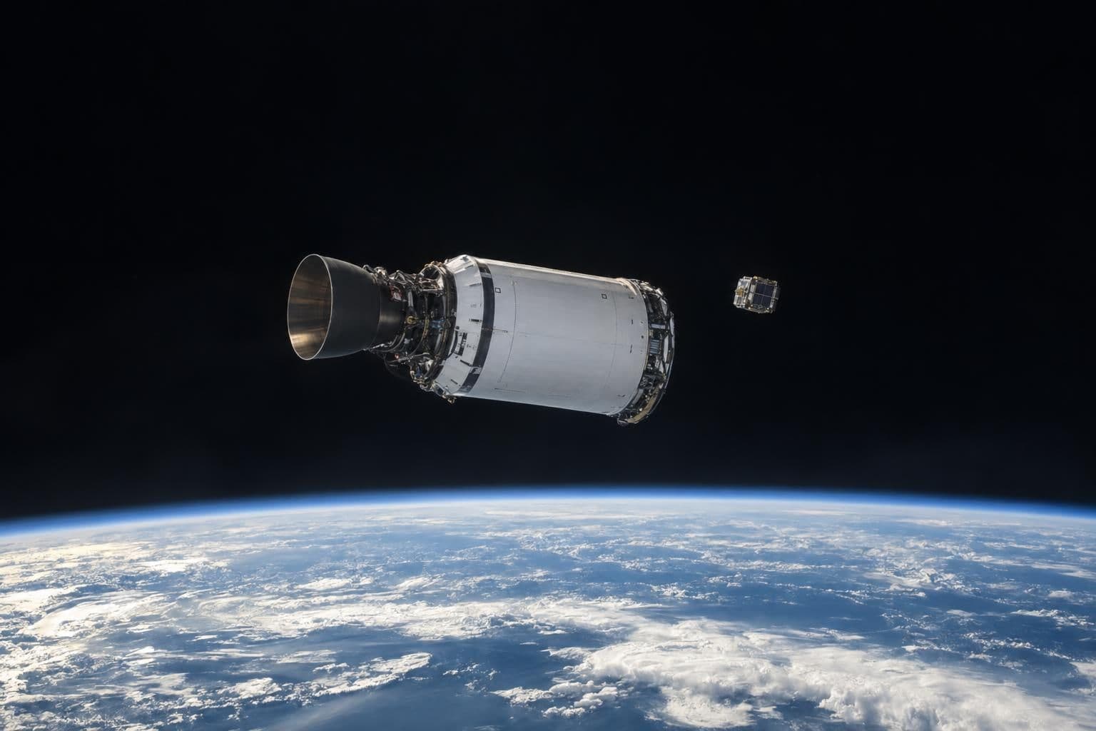 A rocket's upper stage in orbit above Earth's curved horizon as a satellite moves away from it.