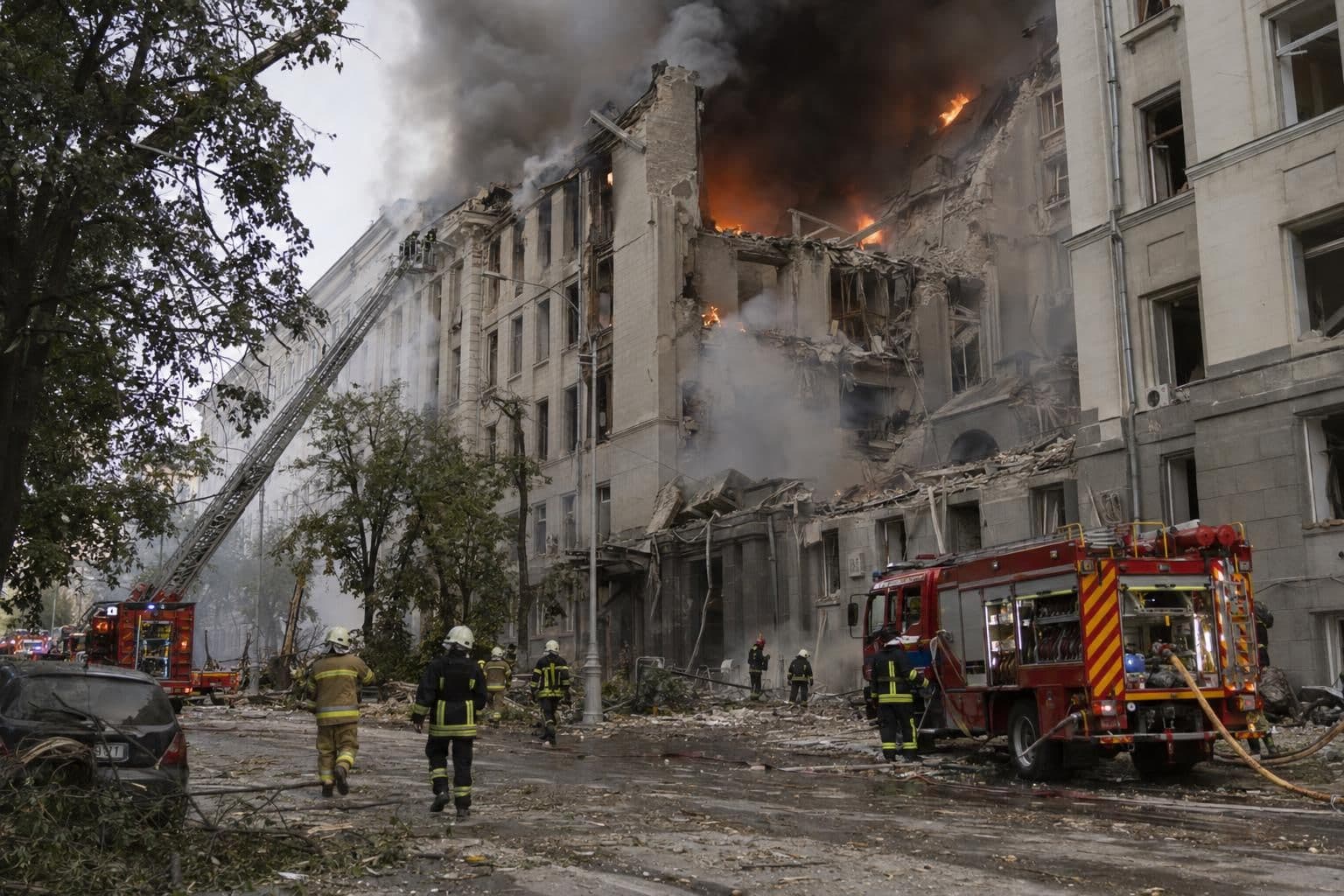 Smoke rises from a burning science academy building in central Kyiv as rescuers work after a drone strike