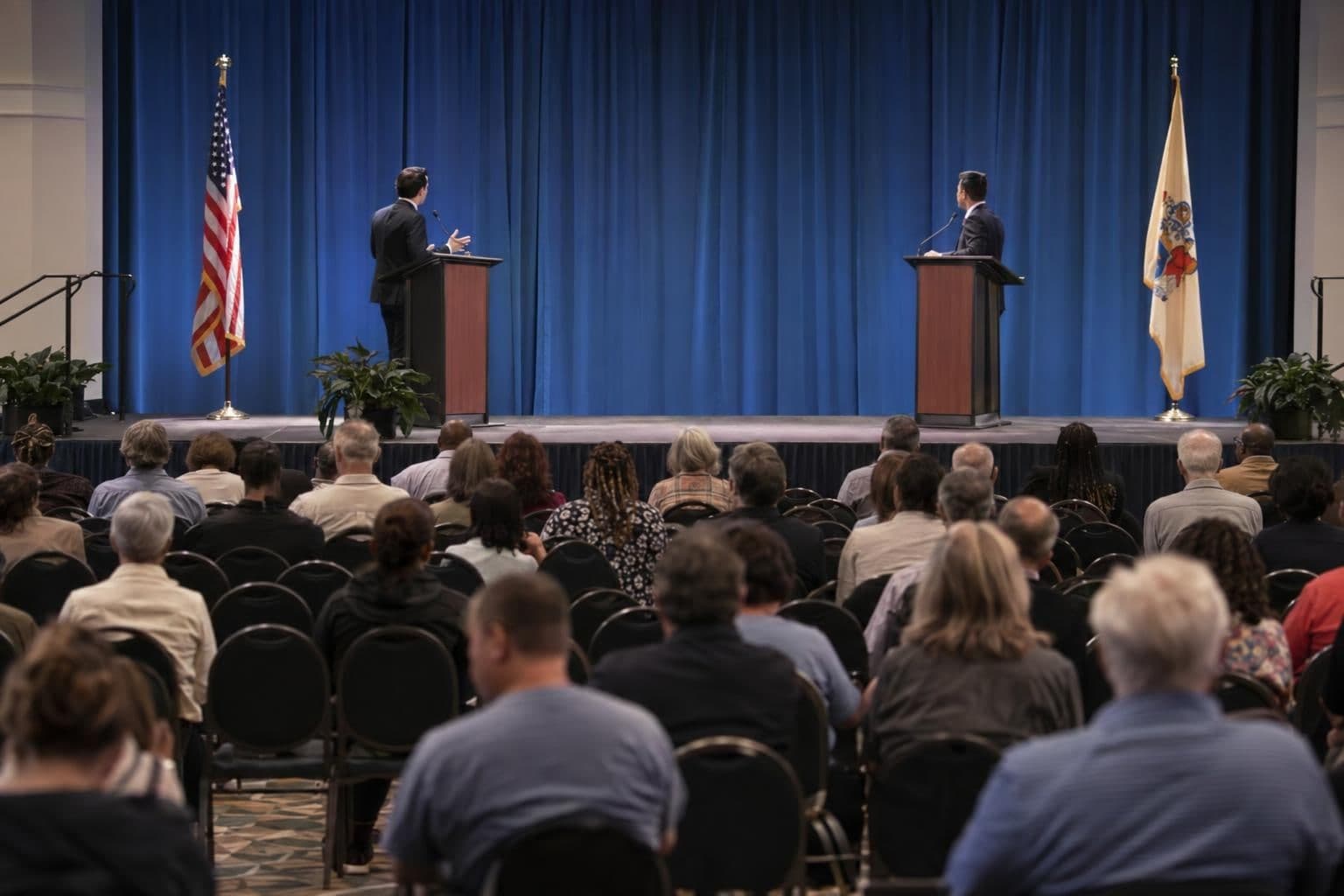 Two candidates take part in a political debate in Rahway, New Jersey.