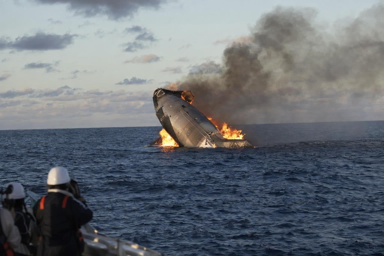 Starship tips over and catches fire after splashing down in Pacific waters north of Hawaii.