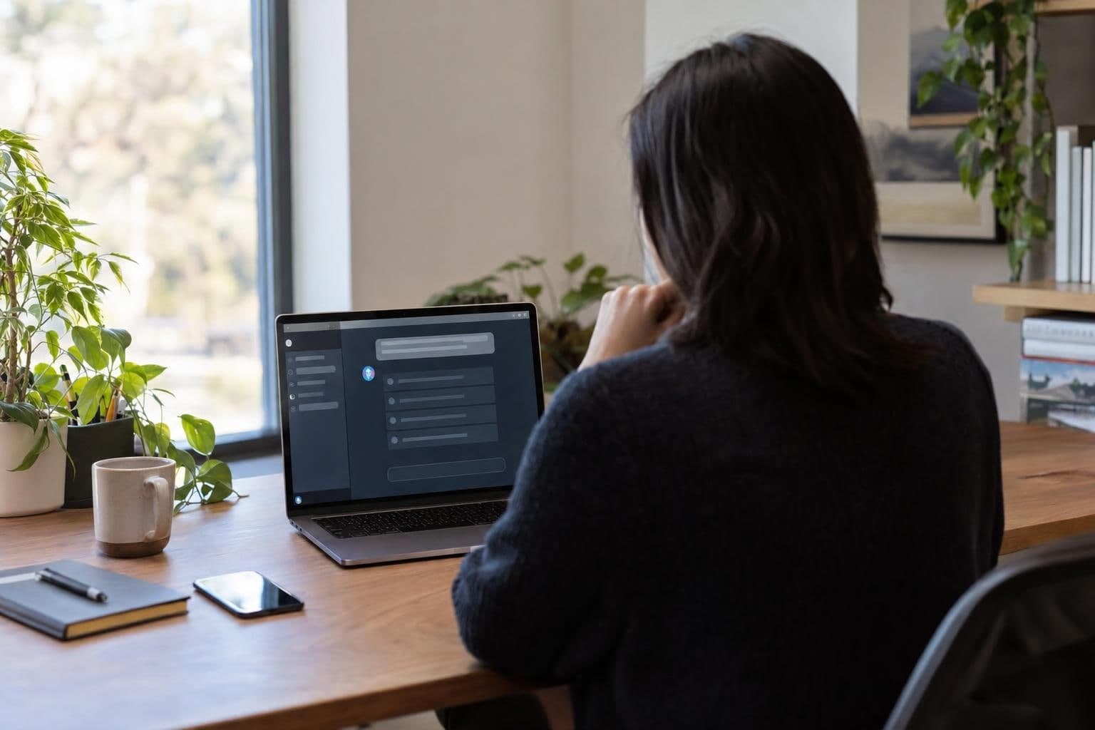 An anonymous user reviews a generic AI assistant interface on a laptop.