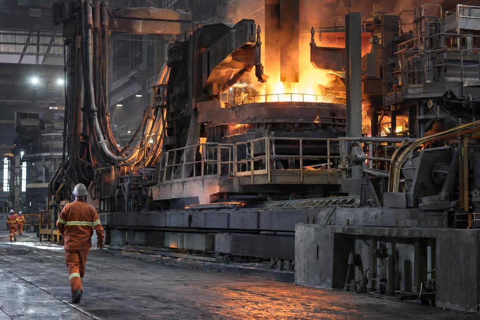 Electric-arc furnace and steelmaking equipment inside a generic steel mill.