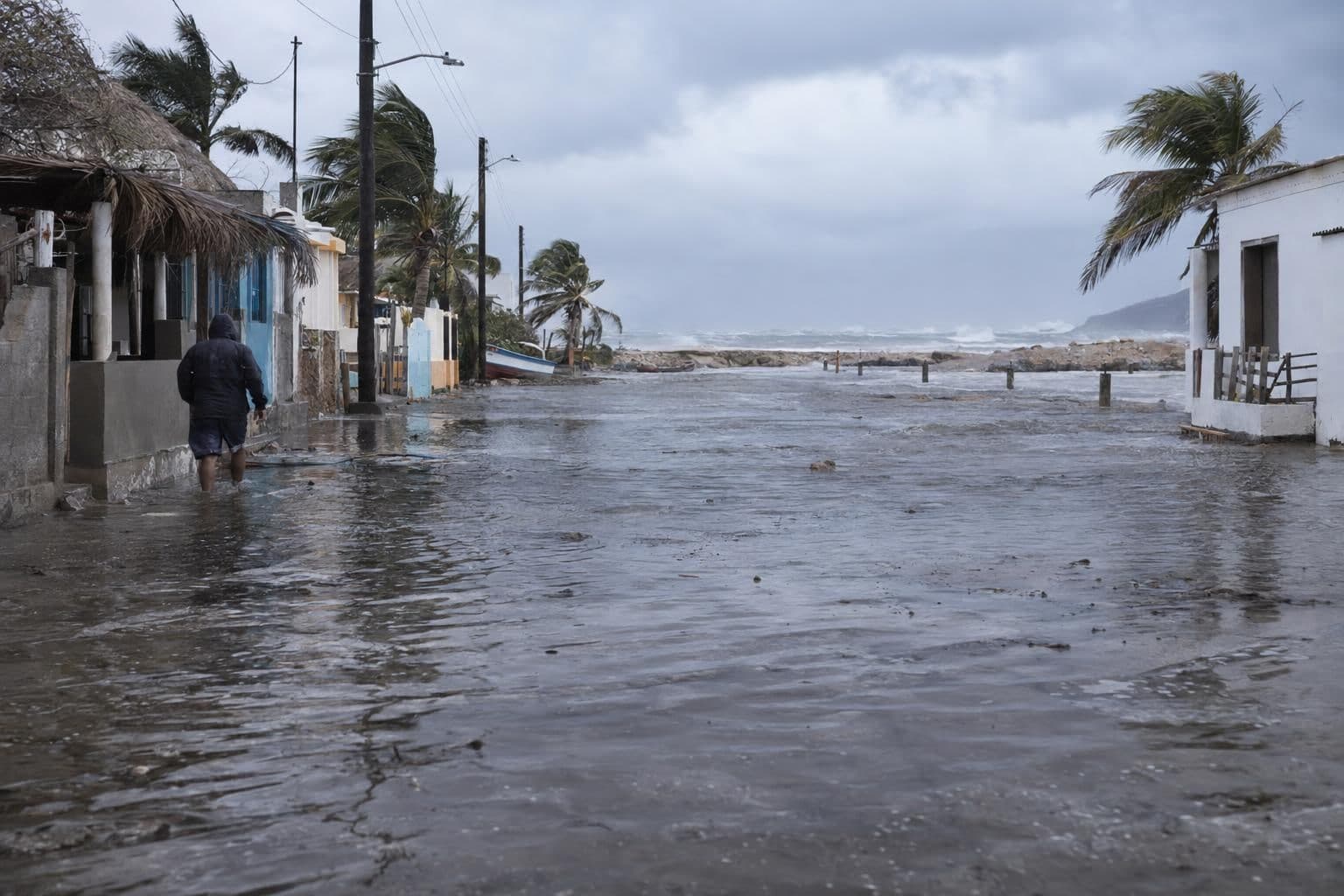 Floodwater reaches a coastal street in Puerto San Carlos after high tides and waves overtopped a sand barrier.