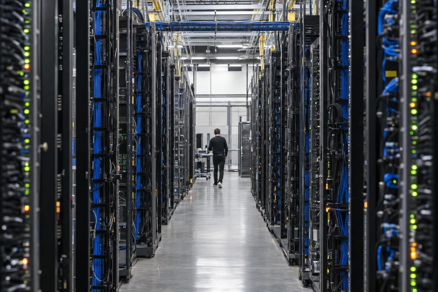 Rows of server racks in an unbranded data centre.