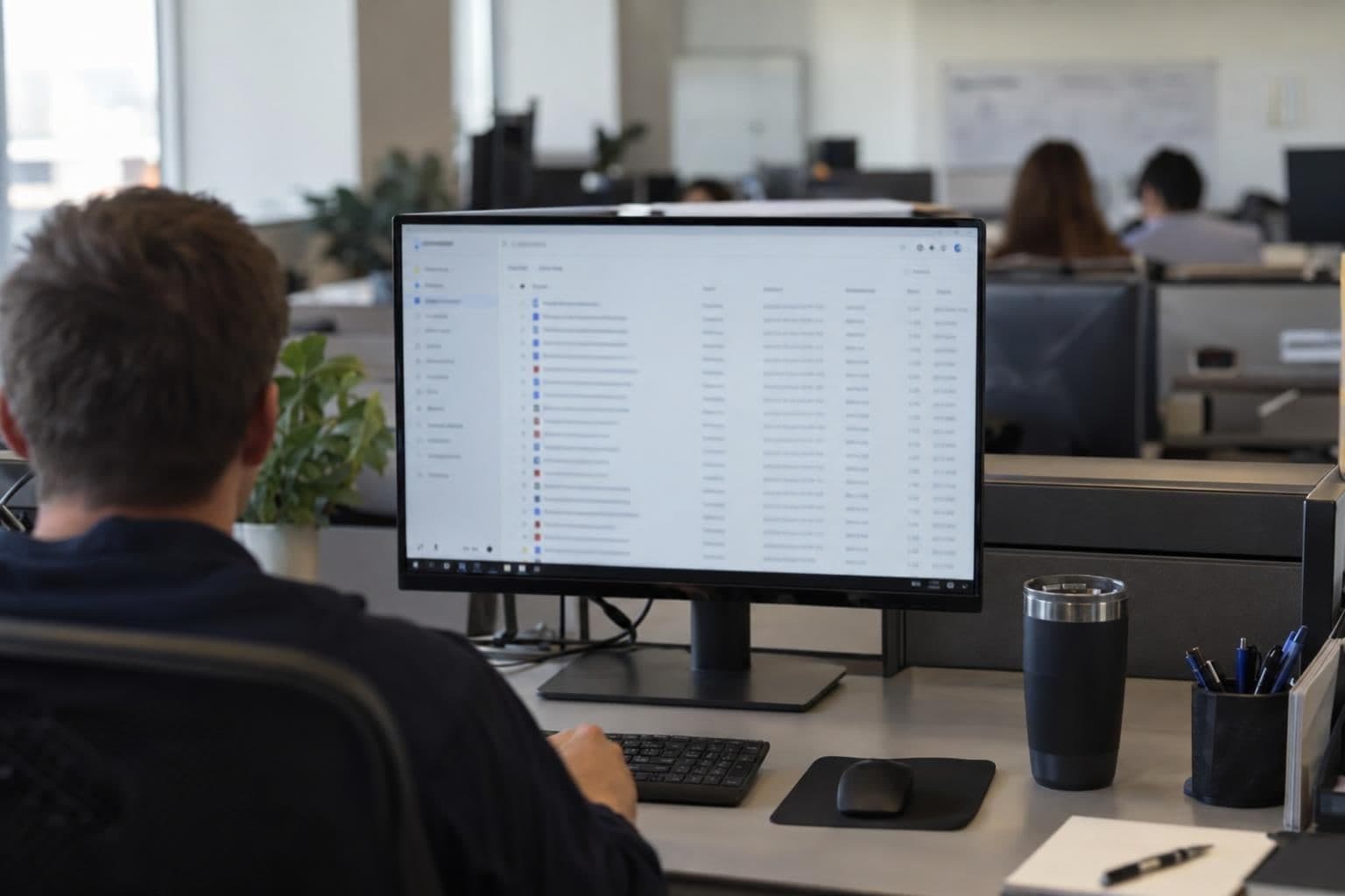 A computer screen displays a blurred file-sharing interface in a neutral office.