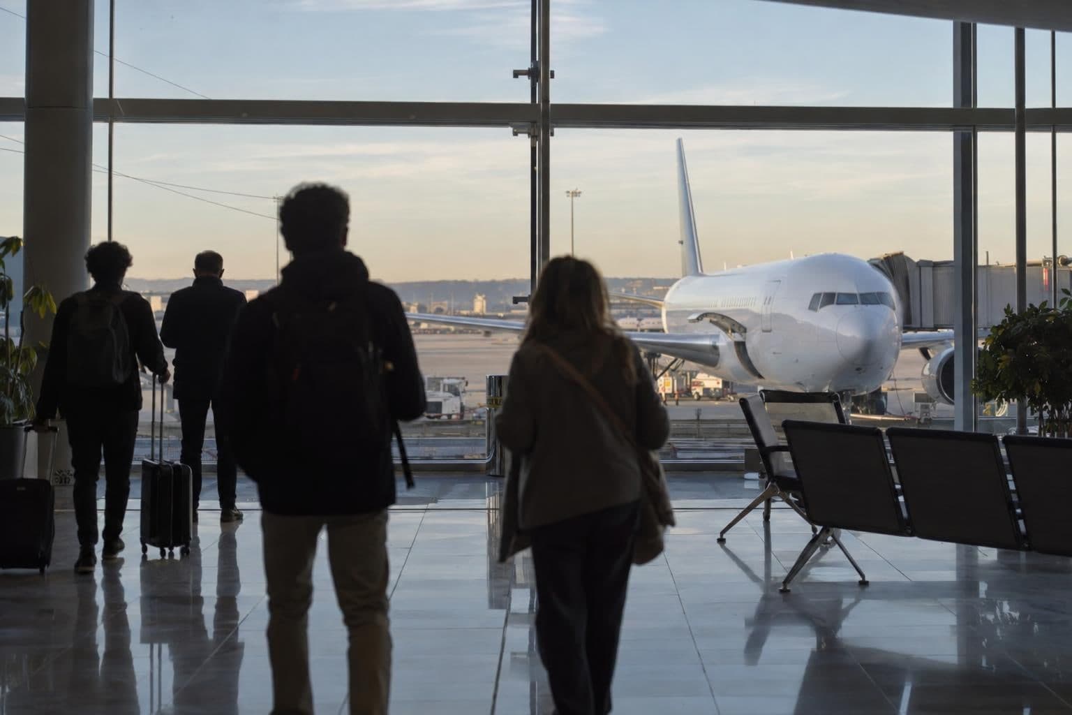 Anonymous people wait in an airport terminal, with a passenger plane visible beyond the windows.