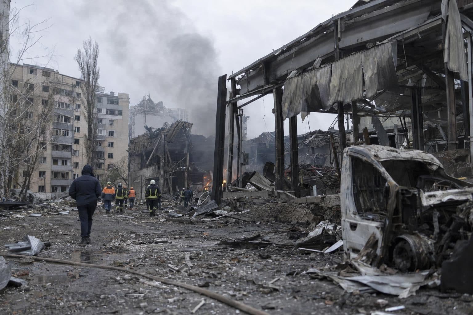 Damaged buildings in Kyiv after Russian strikes on energy infrastructure.