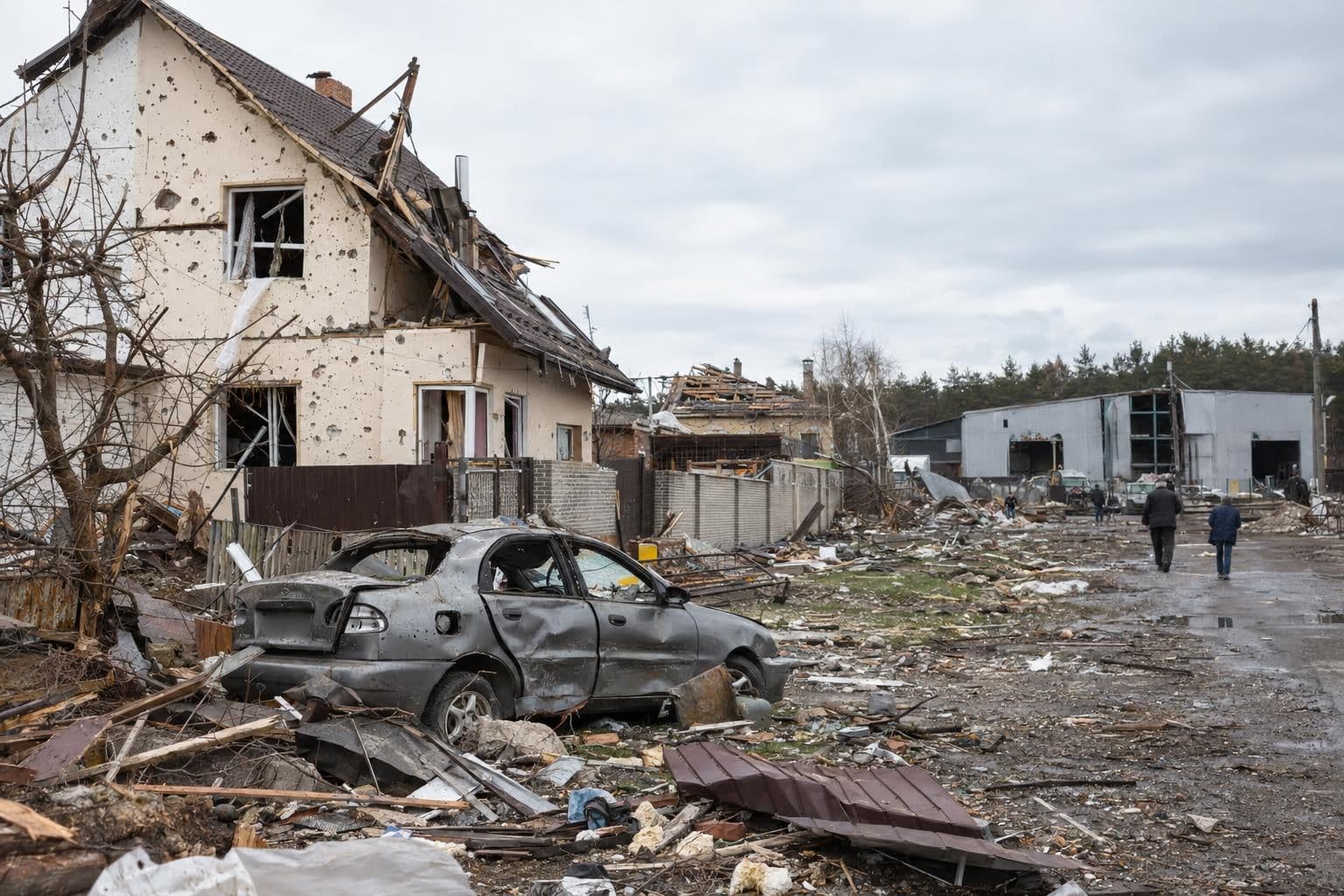Damaged houses, cars and warehouses in the Bucha district after the strikes.
