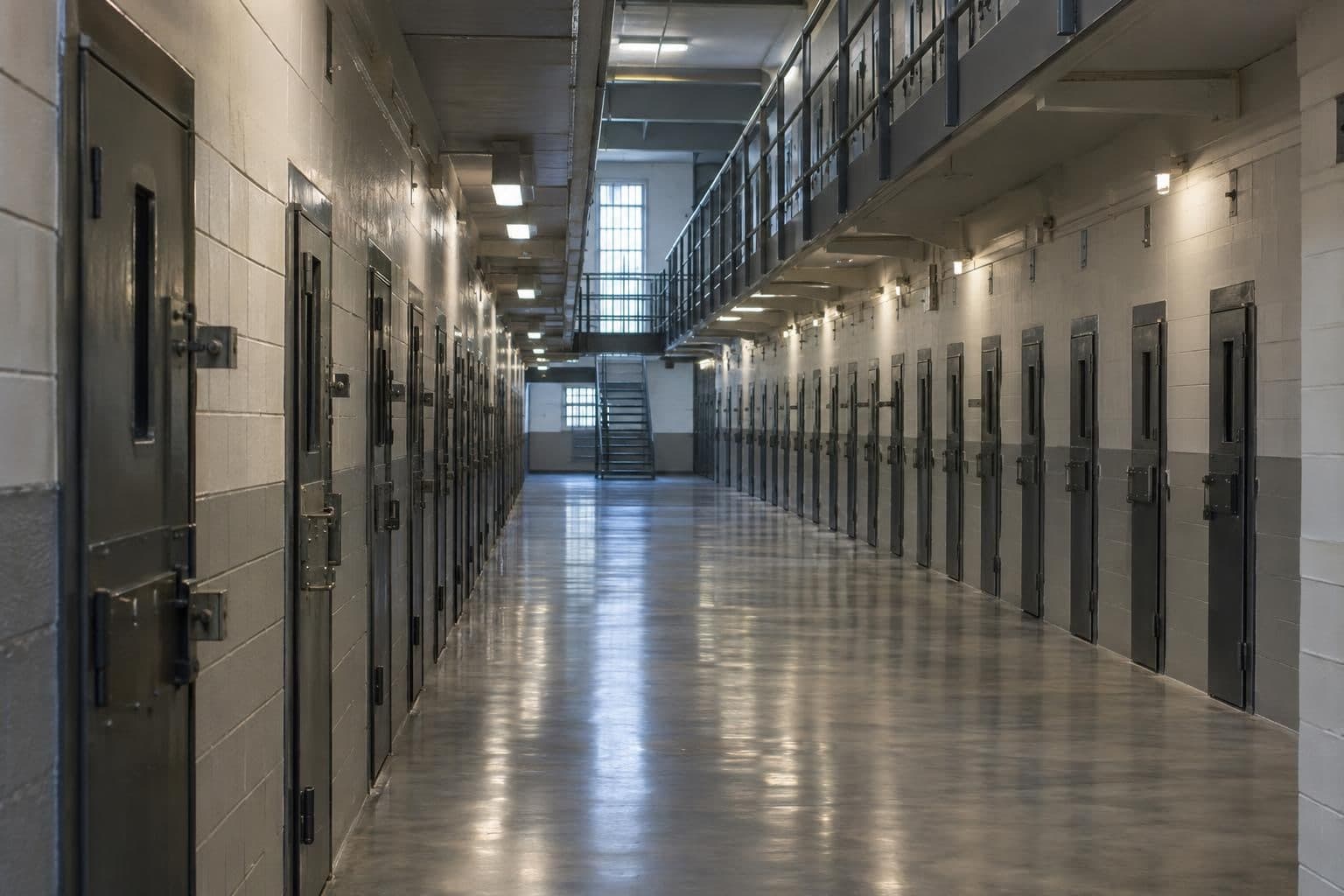 A quiet prison corridor with closed cell doors.