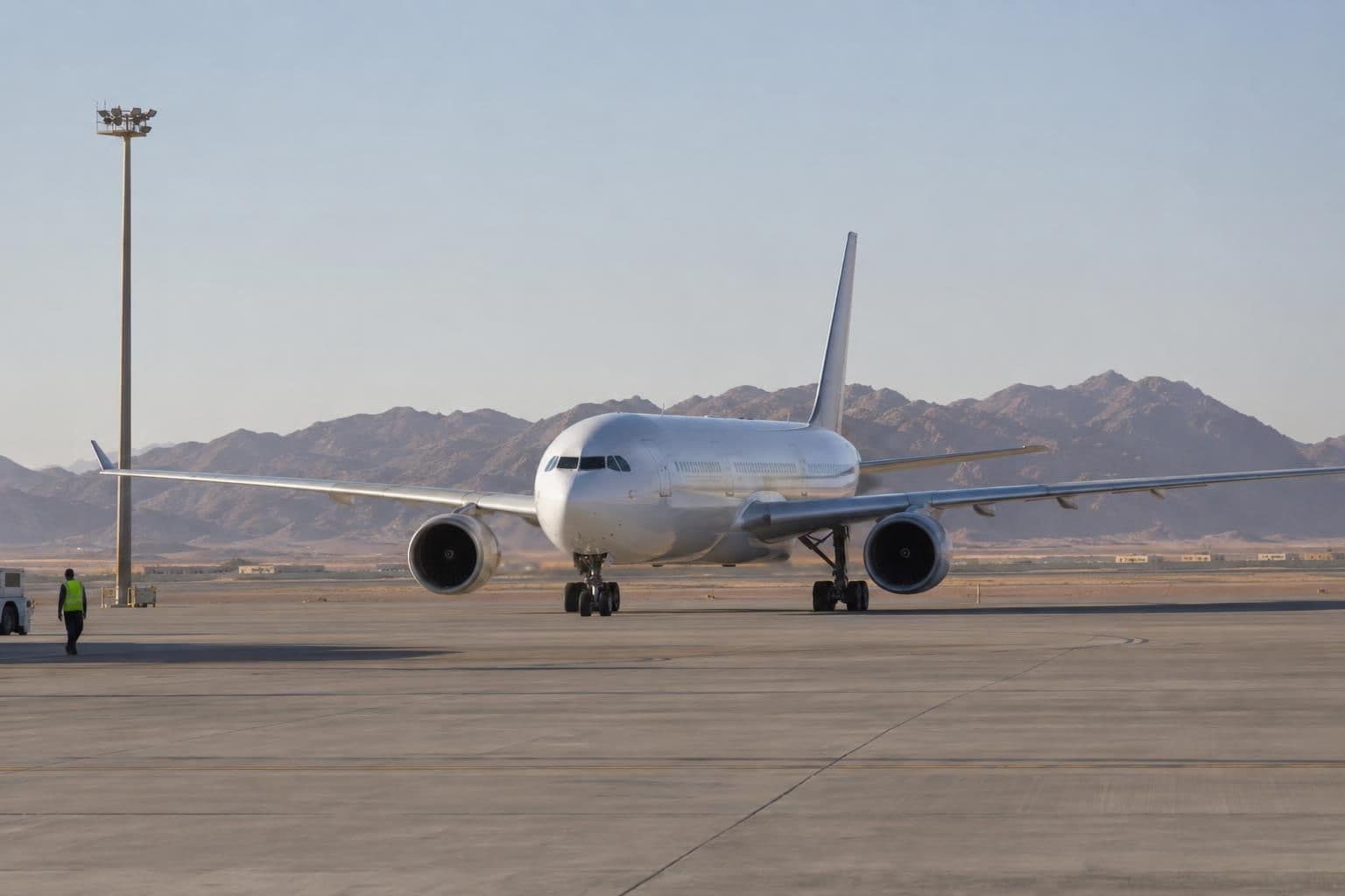 A commercial passenger aircraft at Tabuk airport after an emergency diversion from Dubai to Tel Aviv.