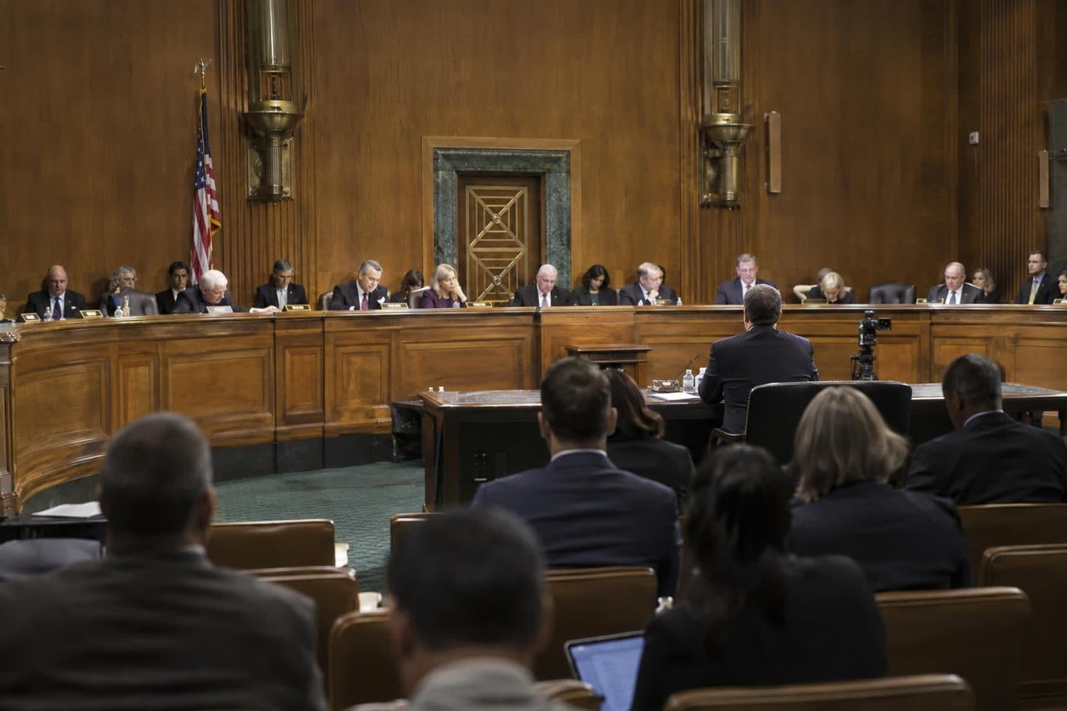A witness faces senators during a public committee hearing.