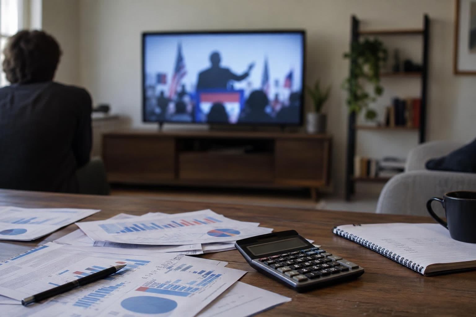 Indistinct political campaign imagery on a screen beside campaign-finance papers and a calculator.
