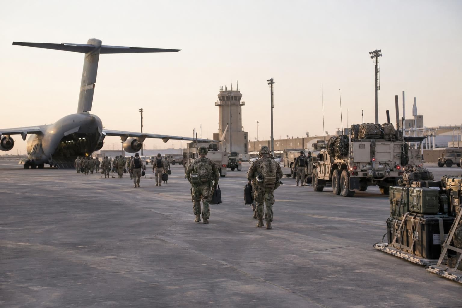 Military personnel and equipment depart Erbil Air Base.