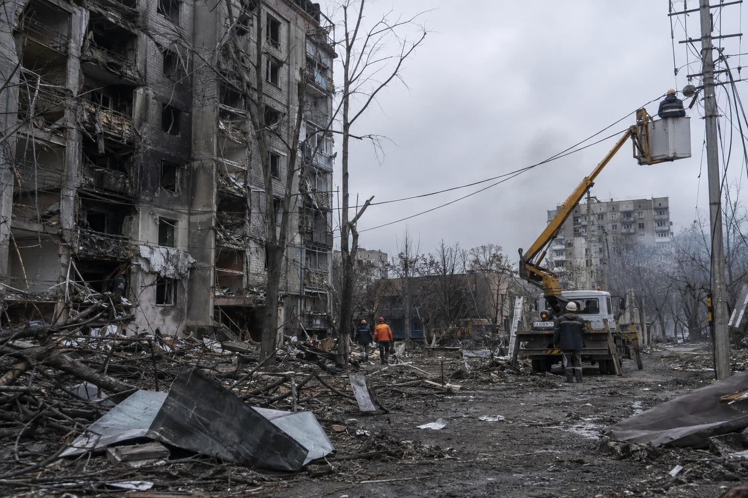 Damaged buildings and energy infrastructure in Kyiv after strikes, with utility crews restoring electricity.