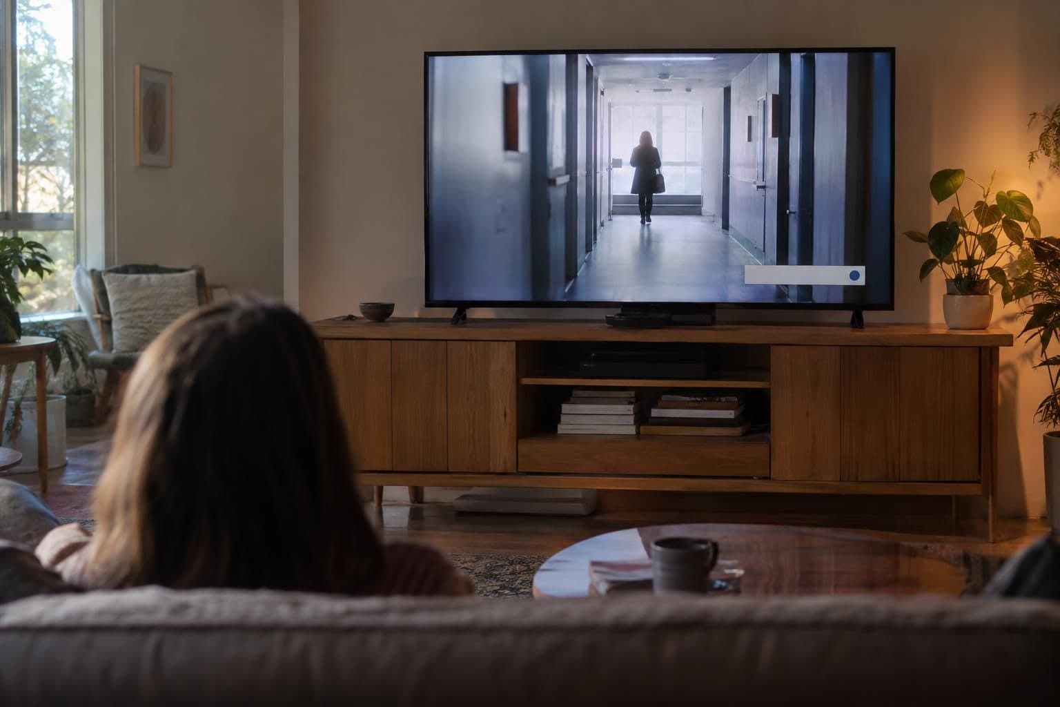 A screen shows a distant figure walking through a hallway in a government-funded advertisement.