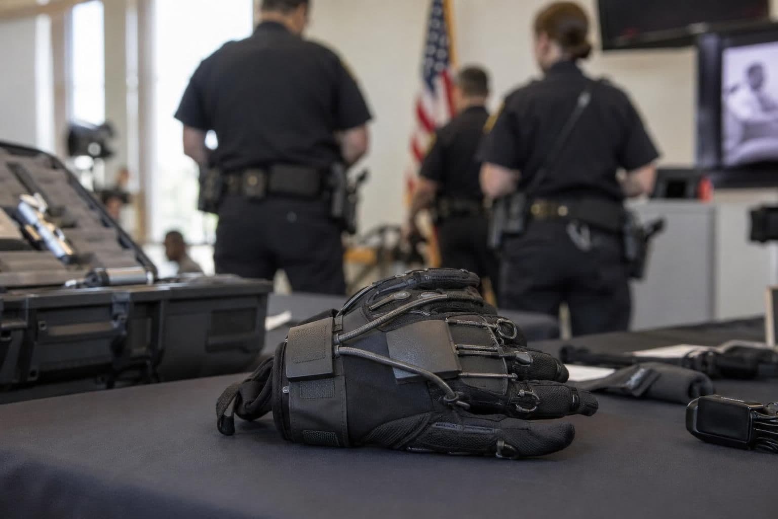 A glove-worn electric-shock device displayed beside law-enforcement equipment.