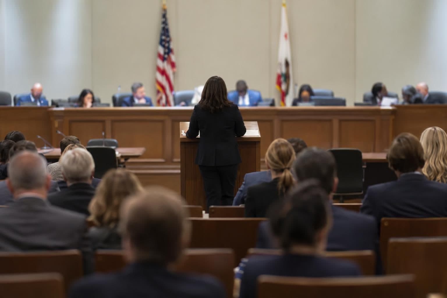 A distant speaker addresses a California legislative hearing room.
