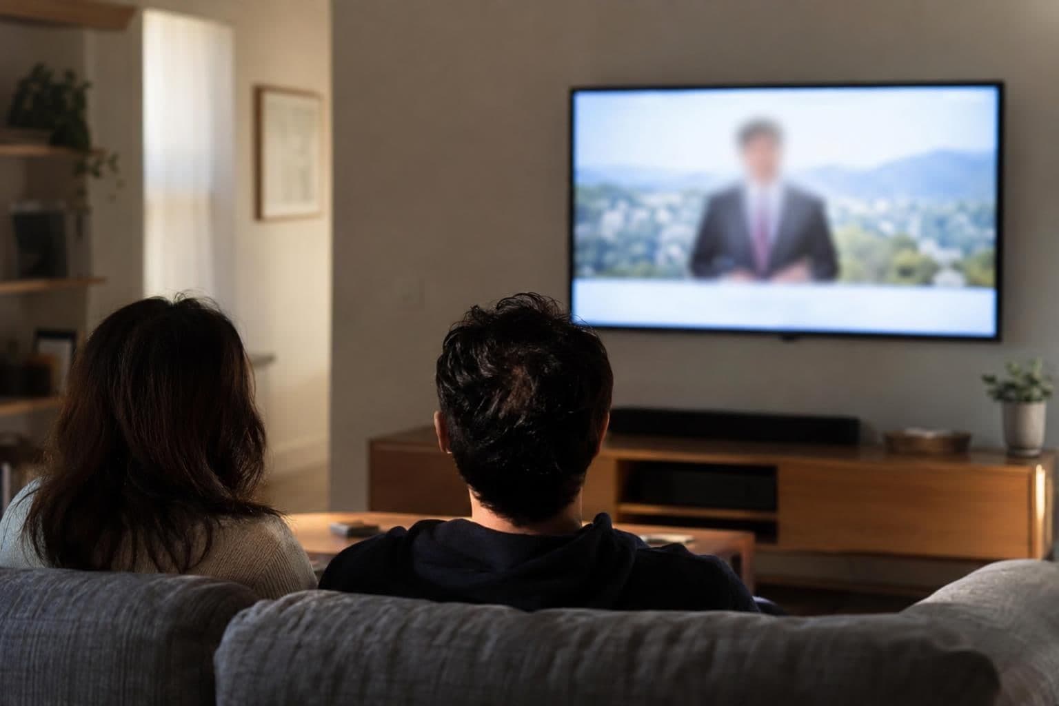A television plays a campaign-style video with an unreadable government payment notice.