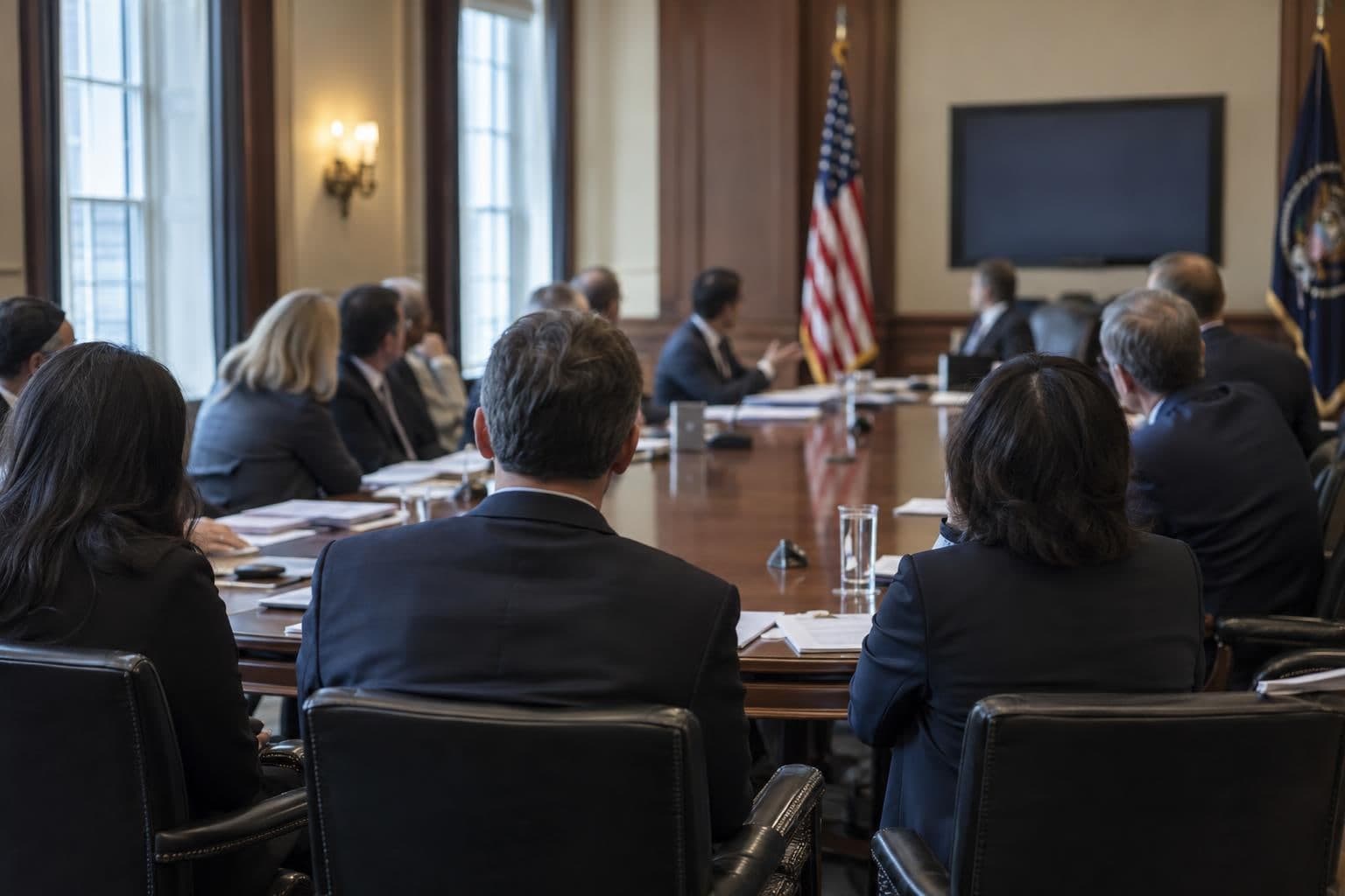 Government and technology-company officials discuss AI safety at a meeting table.