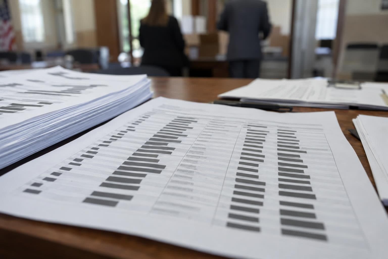 A voter-registration record with identifying fields redacted beside court papers.