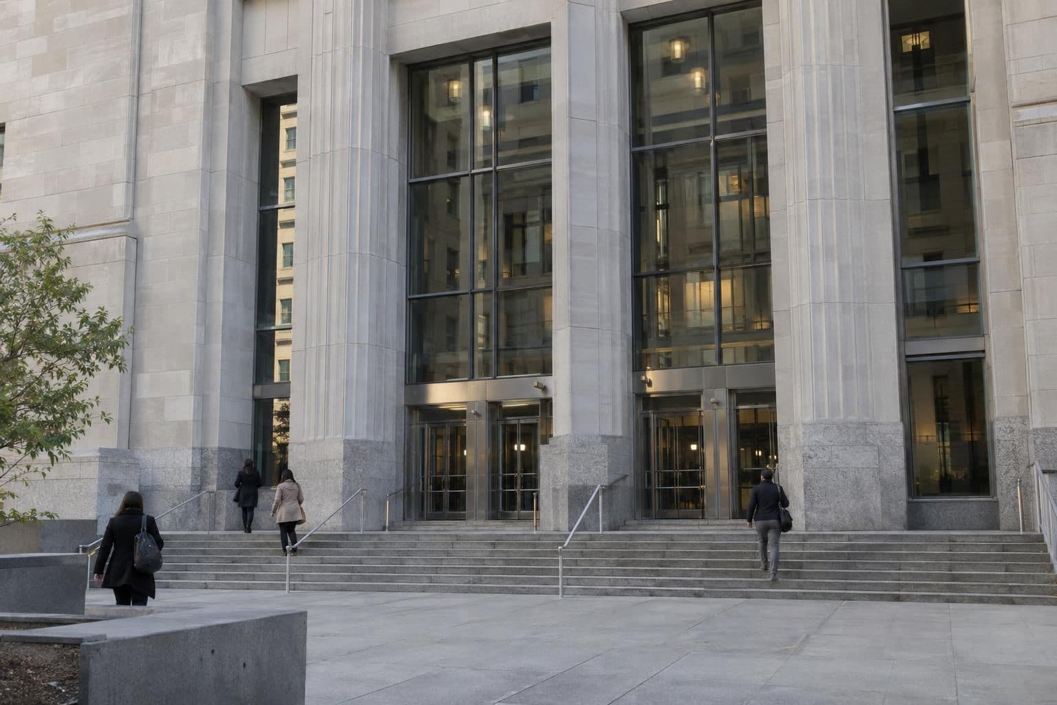 A federal courthouse exterior with people walking near the entrance.