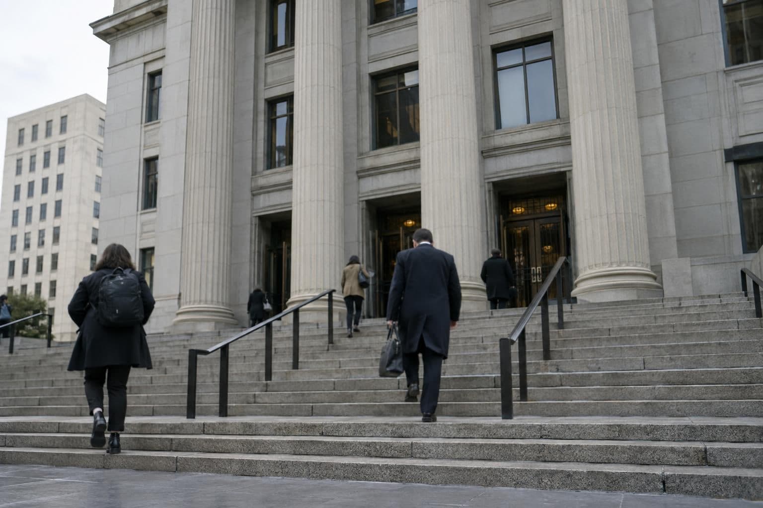 People pass the entrance of a federal courthouse.
