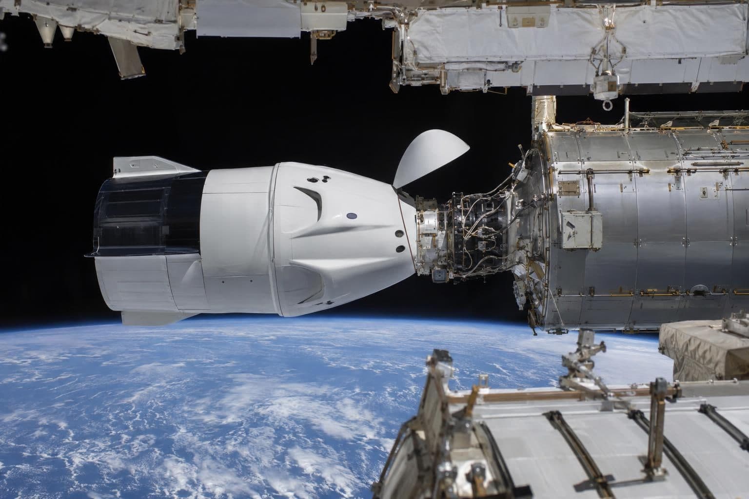 Crew Dragon capsule docked to the International Space Station's Harmony module.