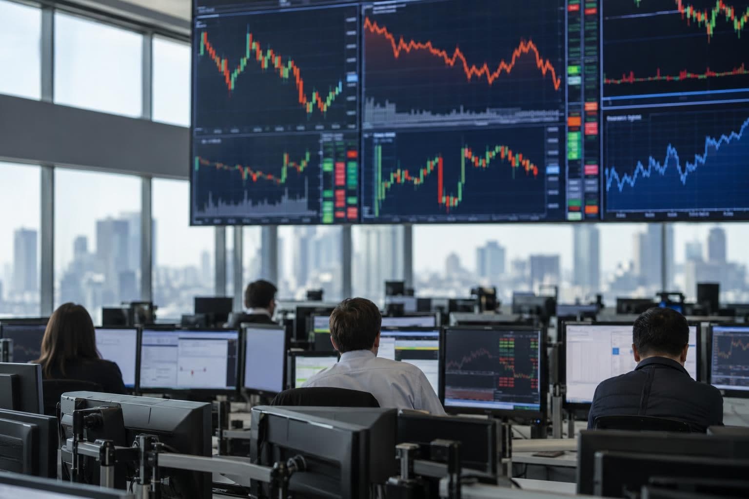 Financial charts on screens represent bond yields and oil prices.