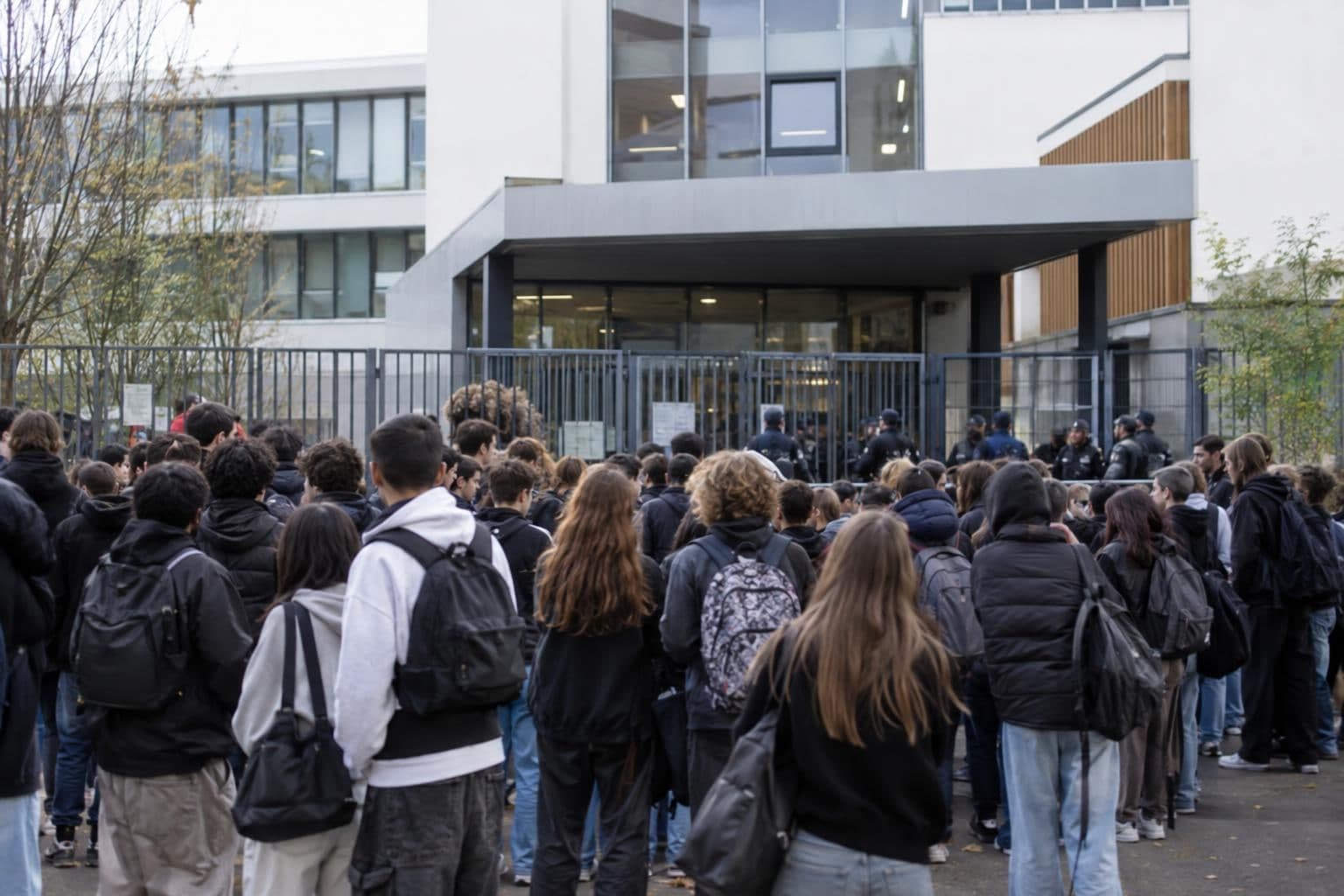 Students block the entrance to a French high school during protests over classroom conditions.