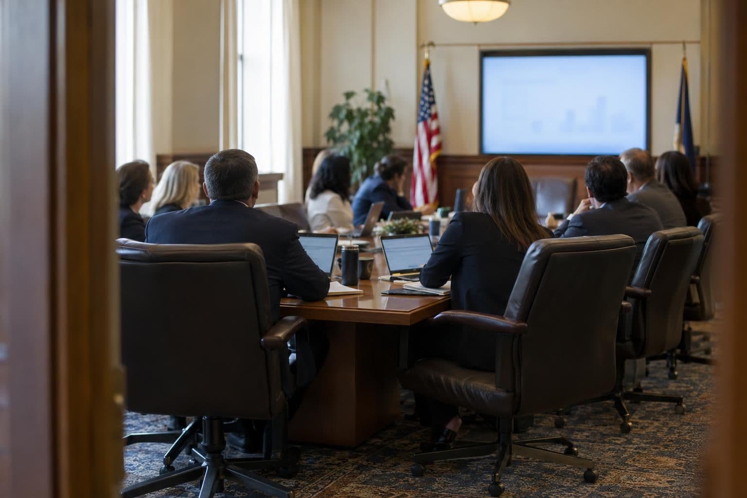 State officials meet around a conference table to discuss an AI framework.