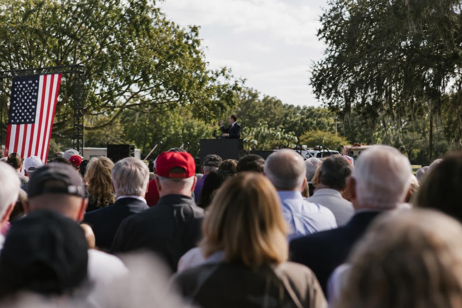 A speaker addresses an audience at a campaign rally in Lakeland, Florida.