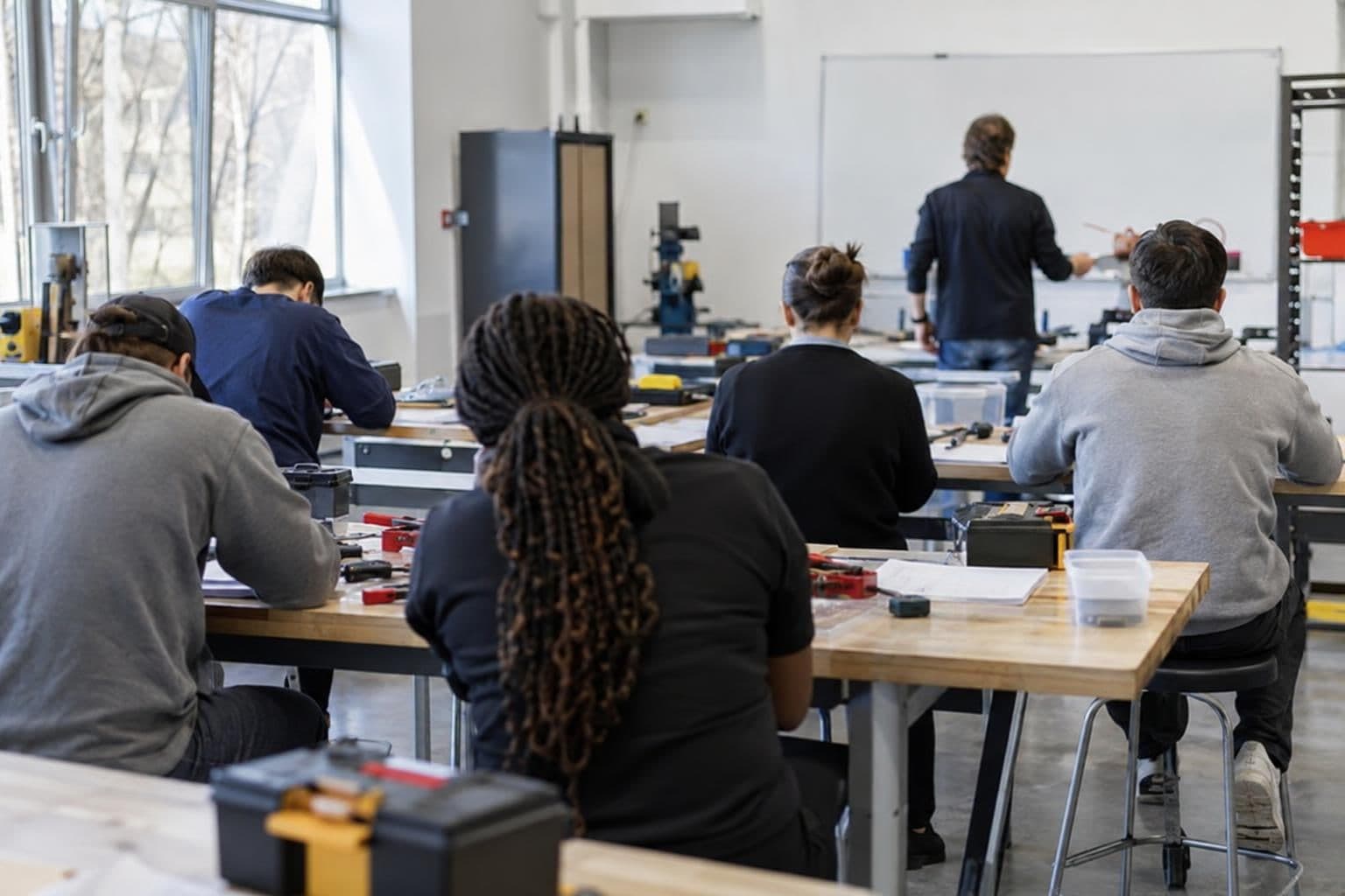Trainees take part in a hands-on lesson in a workforce-training room.