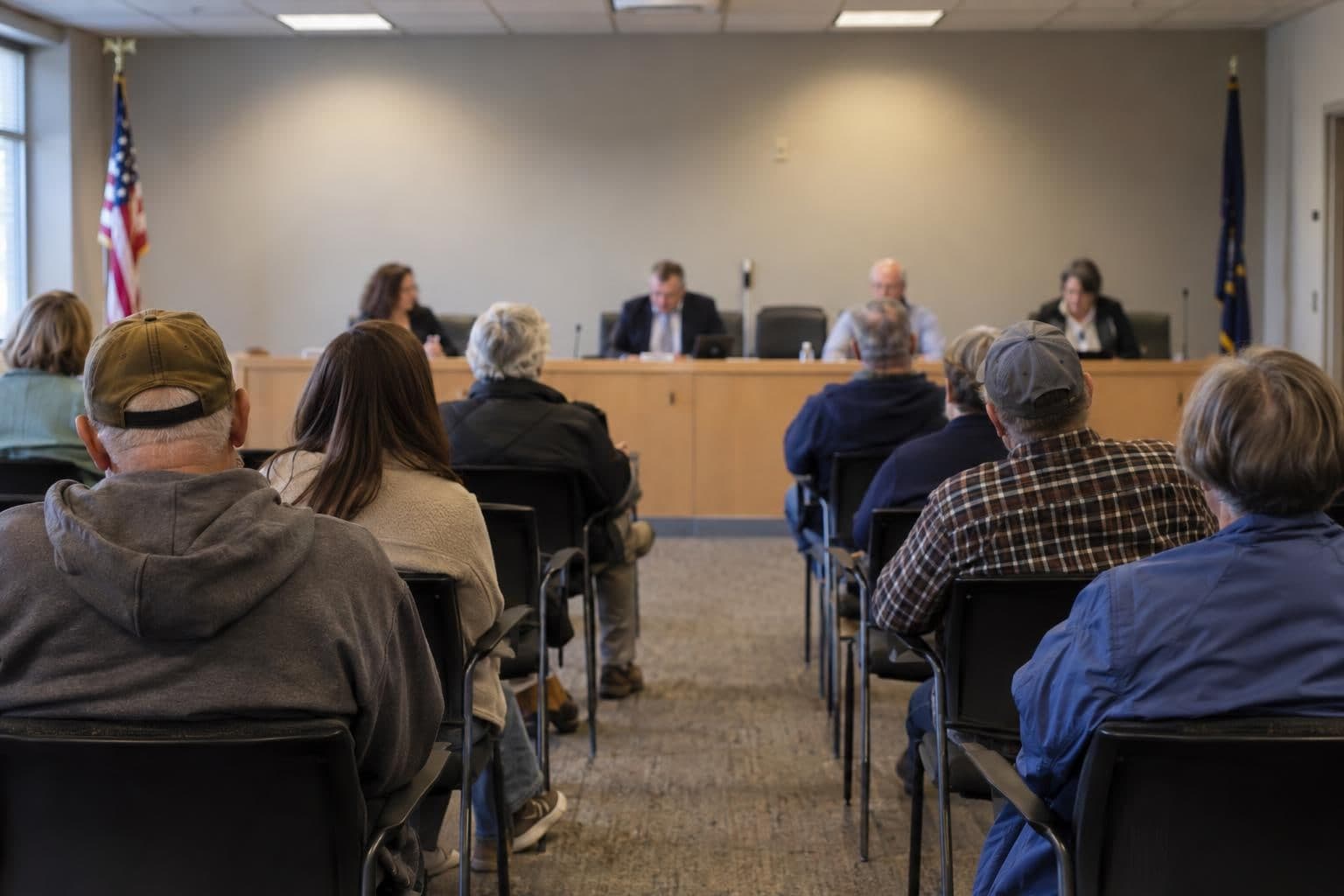 Residents face a municipal board at a local government meeting.