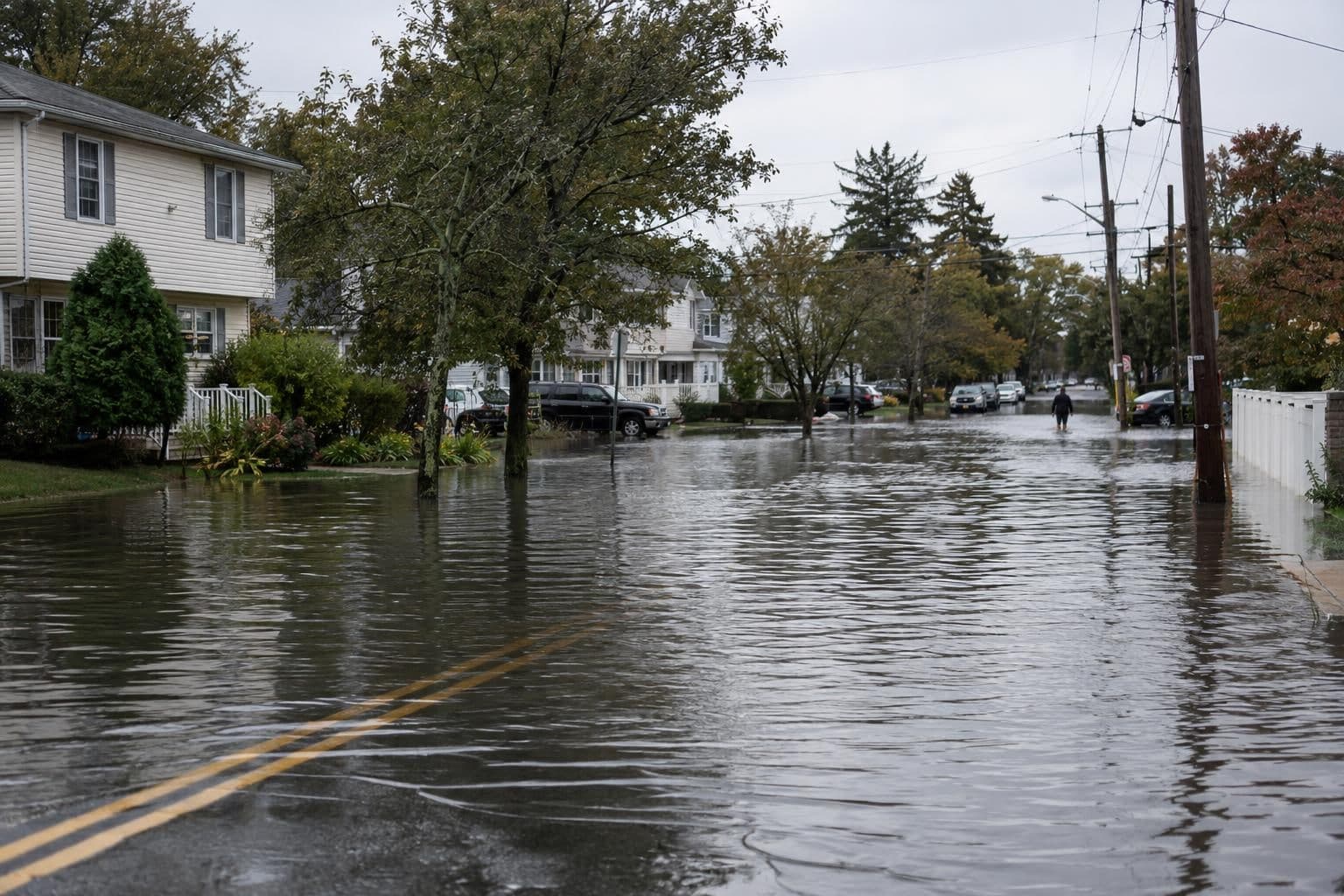 Floodwater covers a road in a New Jersey community, illustrating claims of costly local flooding.