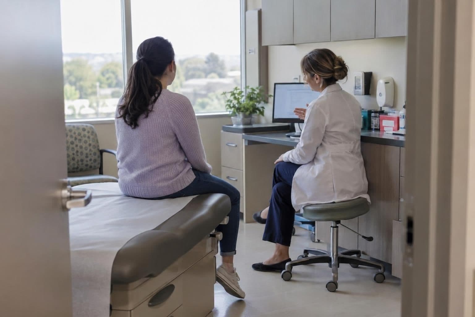 A patient speaks with a clinician during a follow-up visit in an exam room.