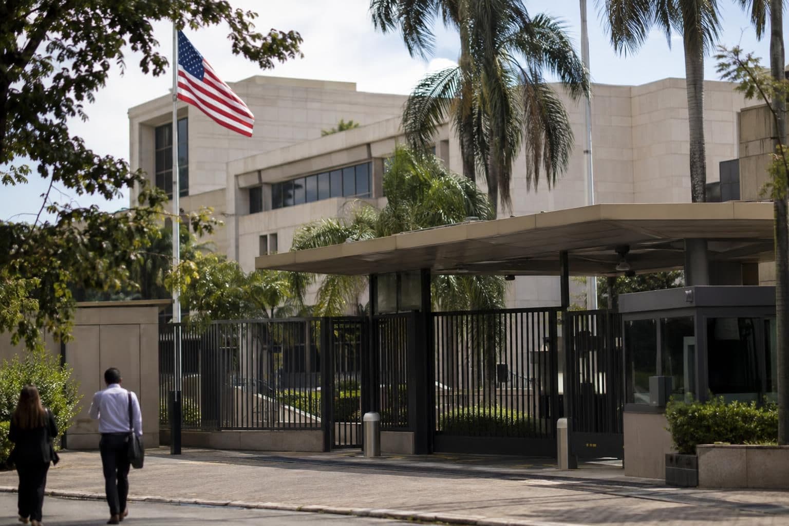 Exterior of a U.S. diplomatic facility in Brazil during a suspension of consular services.
